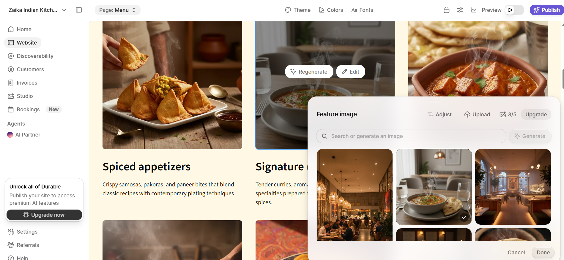 Durable website builder interface