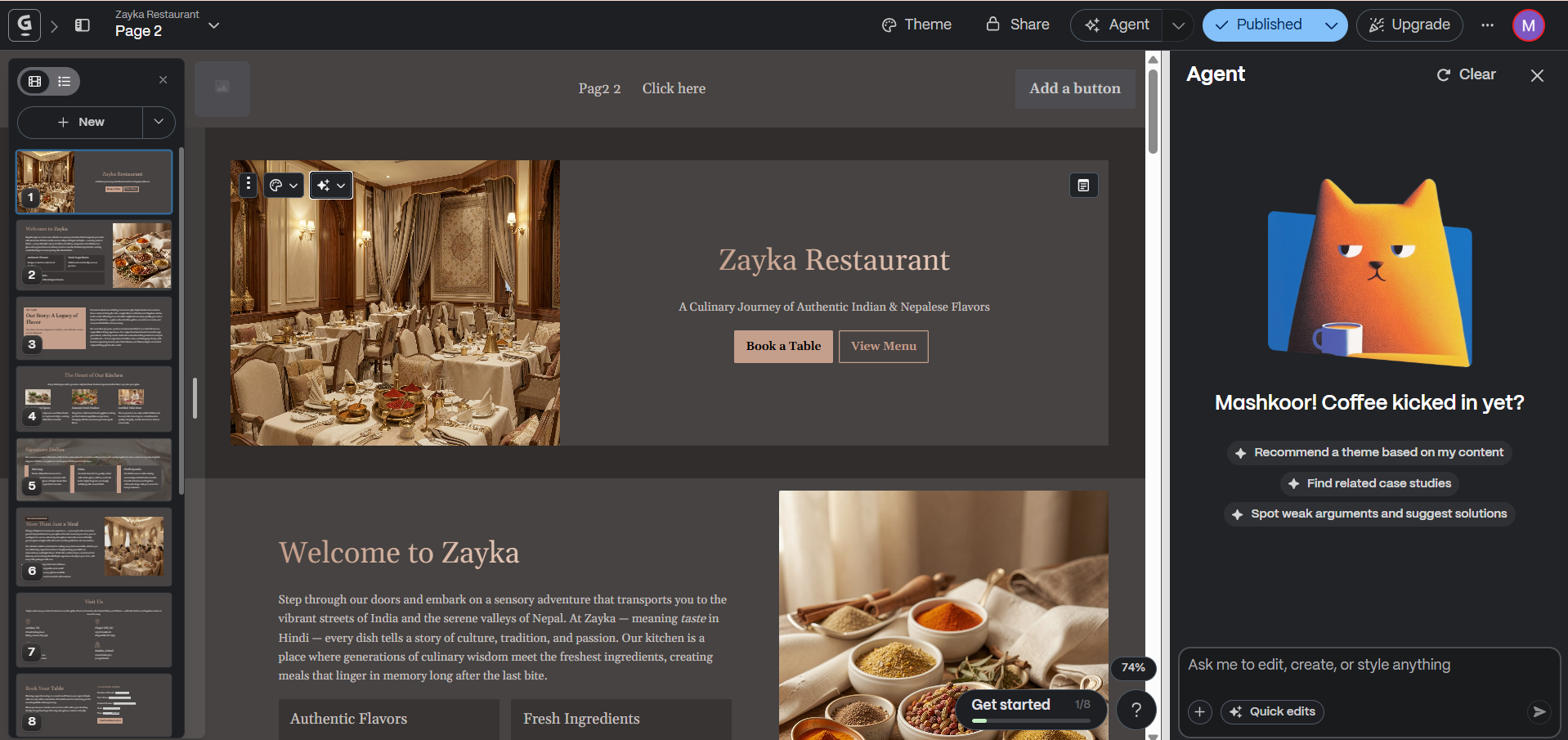 Gamma website builder interface
