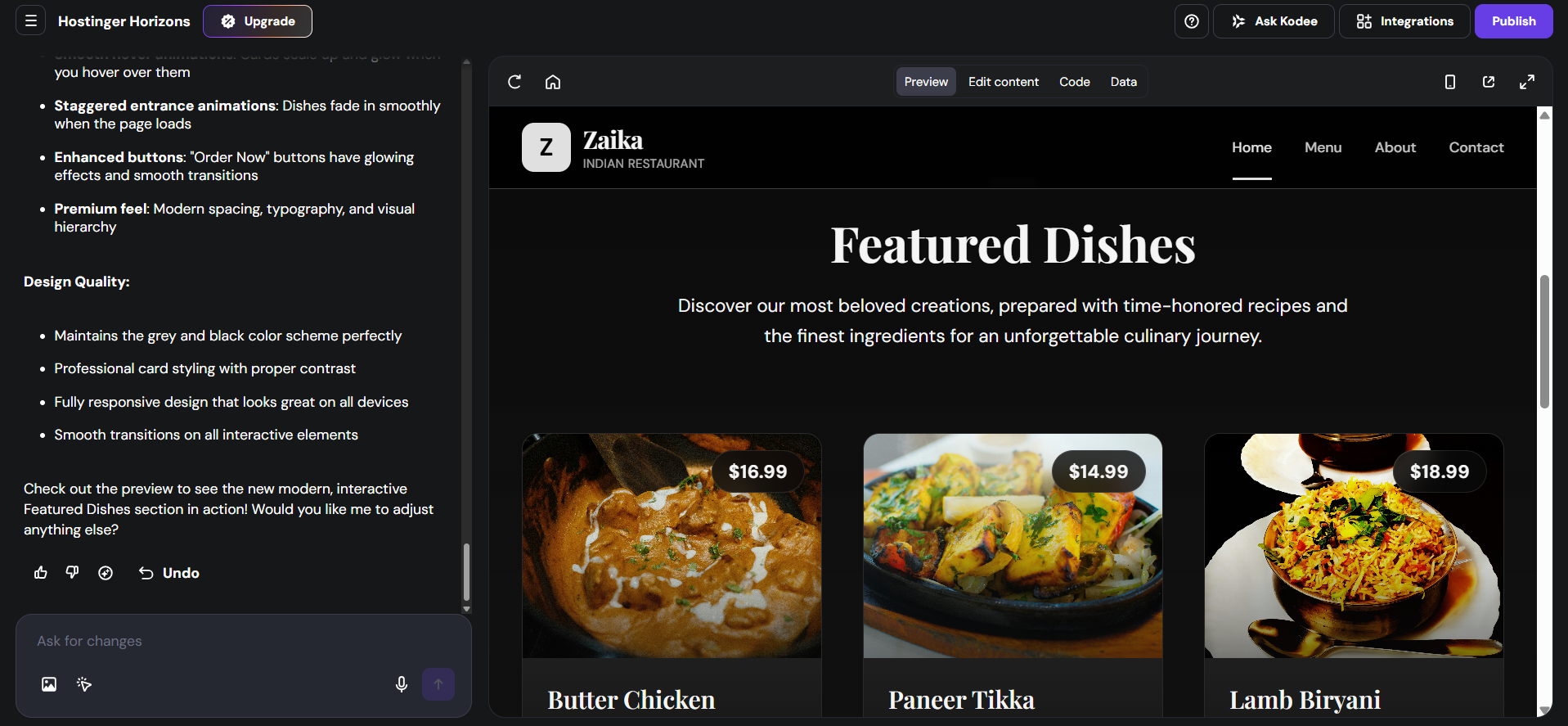 Hostinger Horizons website builder interface
