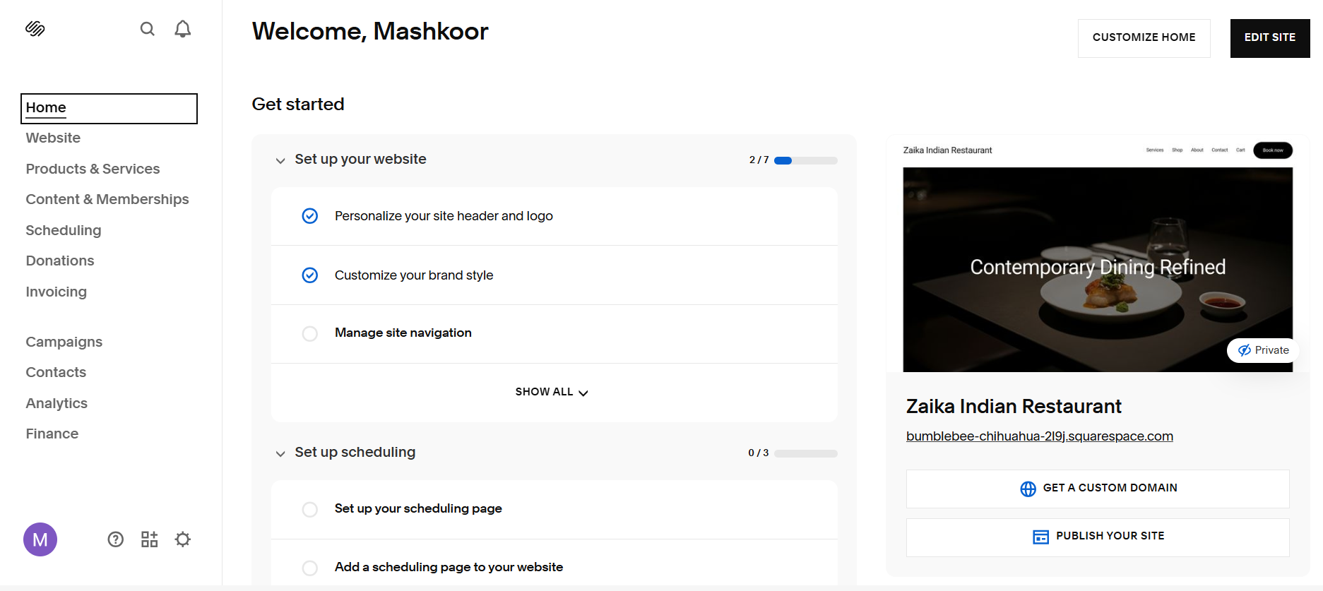 Squarespace website builder interface